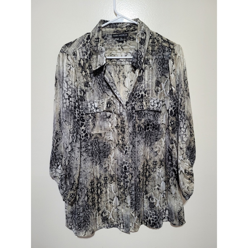 Sara Michelle Snakeskin Blouse Women XL Grey Metallic 3/4 Roll Tab Sleeve